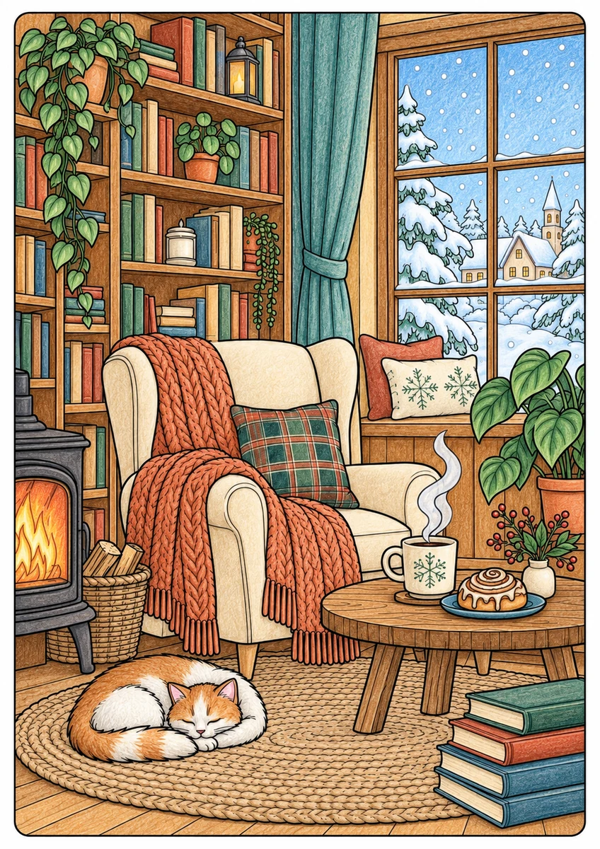 Color inspiration: Bookshop cafe colouring illustration