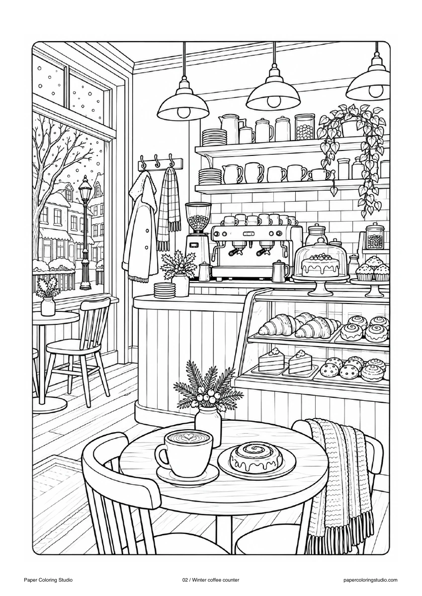Blank A4 coloring page: Winter coffee counter colouring illustration