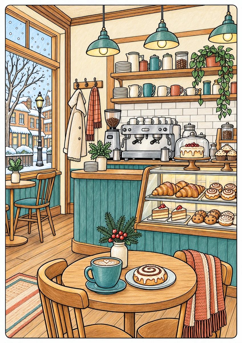 Color inspiration: Winter coffee counter colouring illustration