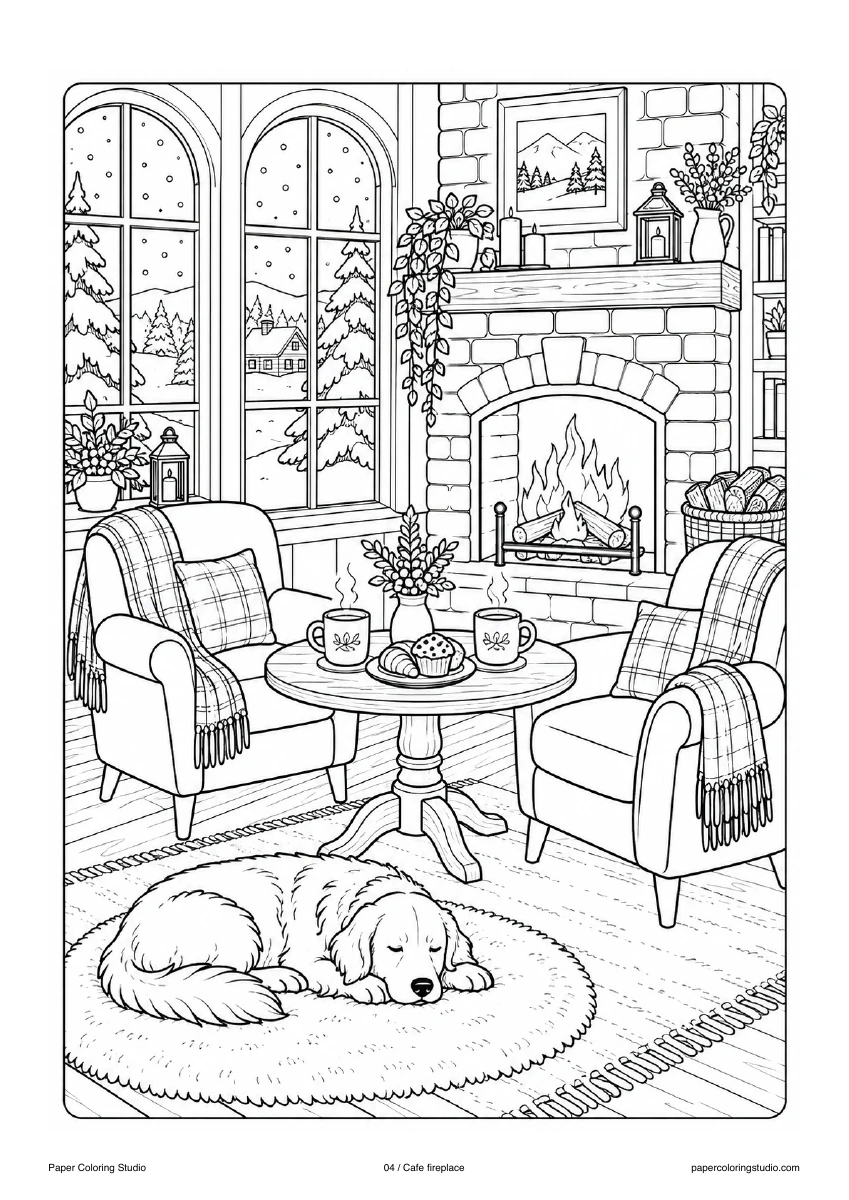 Blank A4 coloring page: Cafe fireplace colouring illustration