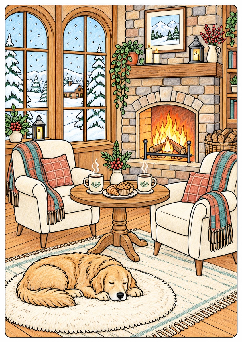 Color inspiration: Cafe fireplace colouring illustration