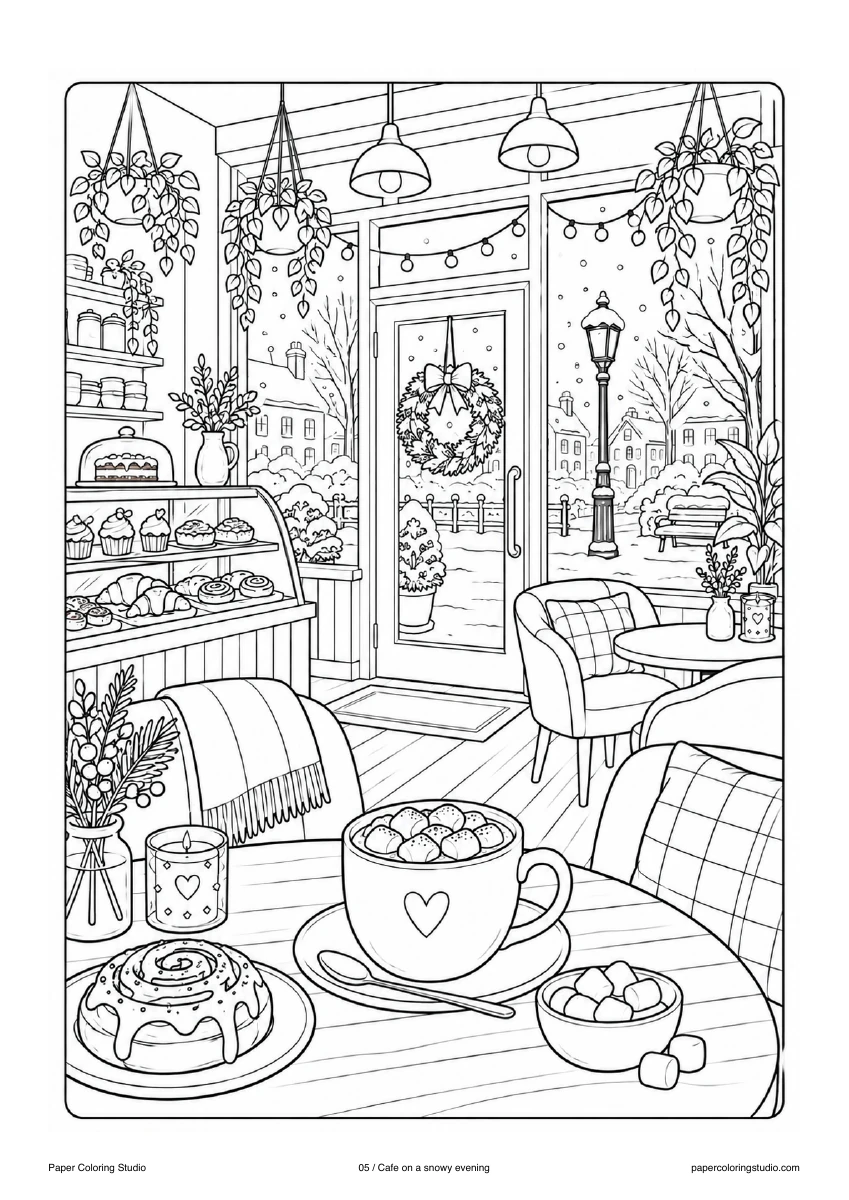 Blank A4 coloring page: Cafe on a snowy evening colouring illustration