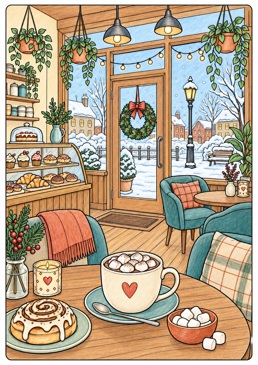 Color inspiration: Cafe on a snowy evening colouring illustration