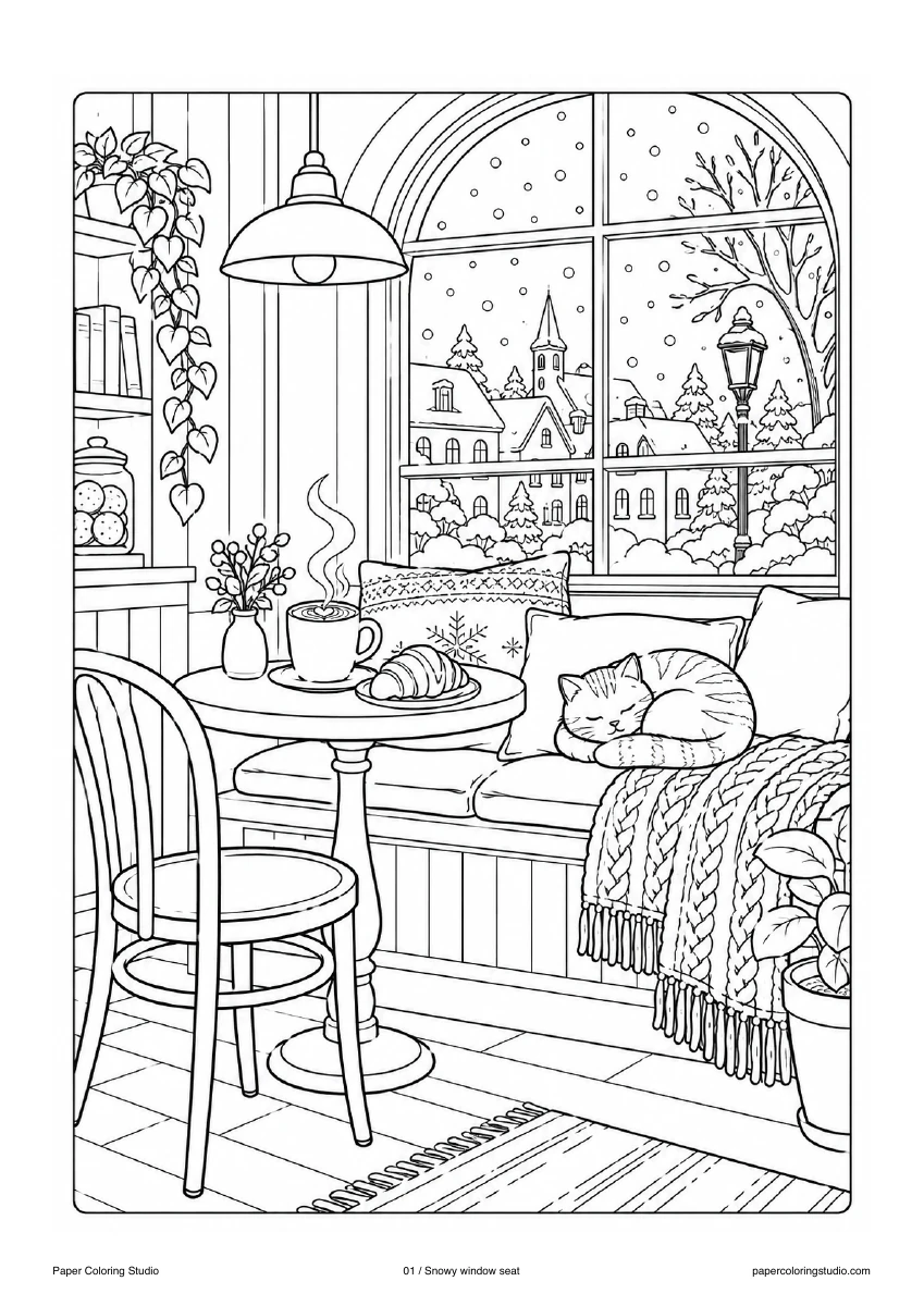 Blank A4 coloring page: Snowy window seat colouring illustration