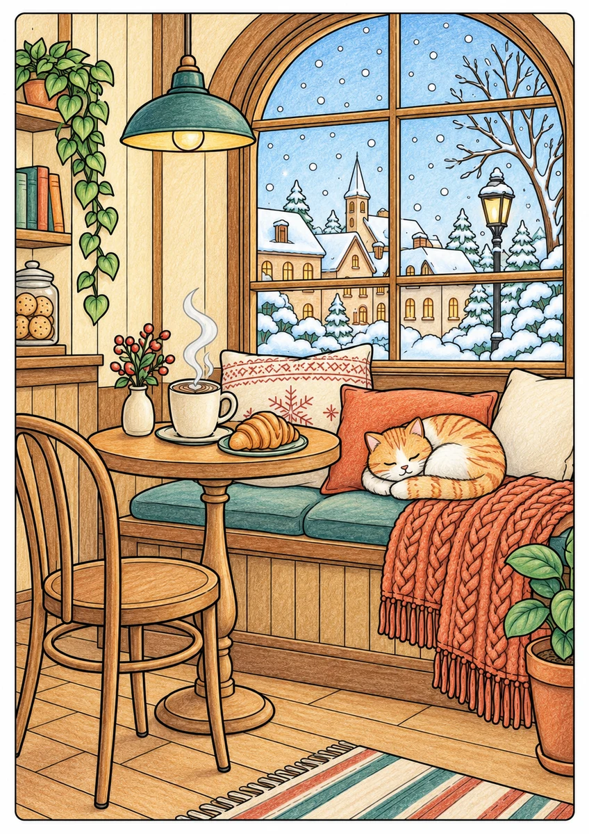 Color inspiration: Snowy window seat colouring illustration